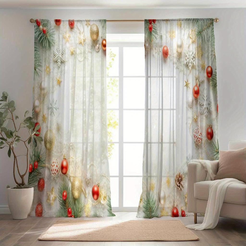 Glam Christmas Curtains Semi-Sheer Polyester Rod Pocket Drapes with Festive Holiday Print for Living Room Bedroom Window Decor