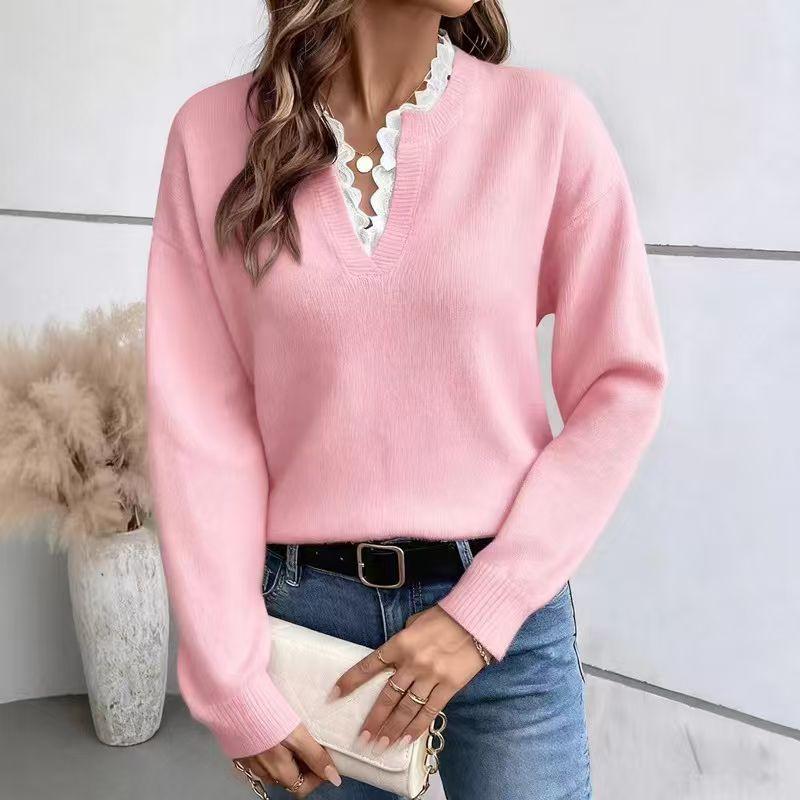 Autumn and Winter Solid Color Loose Long Sleeved Knitted Sweaters Fashionable Lace and Lace V-neck Women's Sweaters