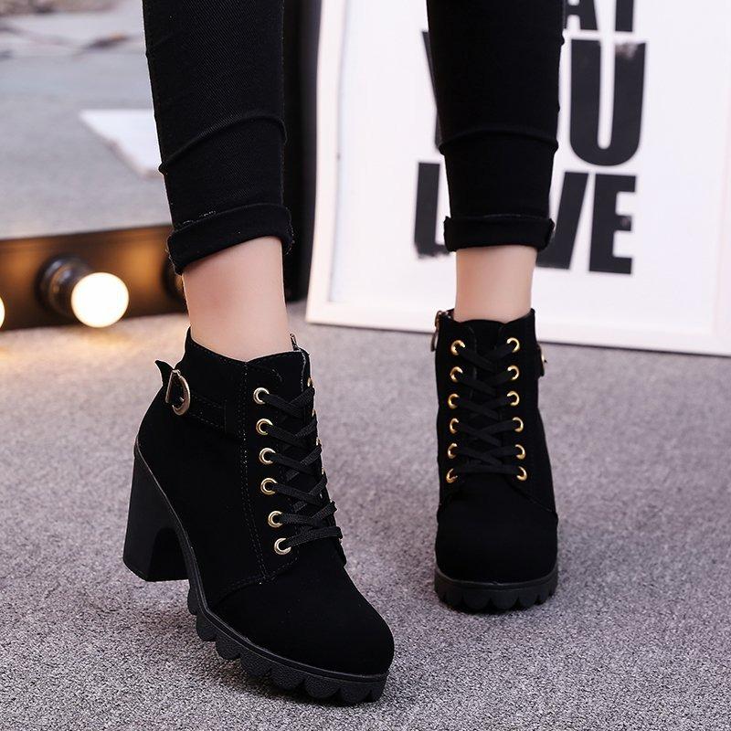 Short Boots for Women Round Metal Buckle High-heeled Women's Boots British Style Side Zipper Casual Boots Botas Mujer
