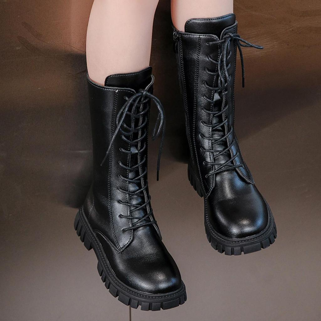 Bottes Blanches à Lacets Bottines Fermeture Éclair Latérale Semelle Souple Cuir Bottes Mi-Haut Habillage/École Équitation Enfant Mode Automne/Hiver