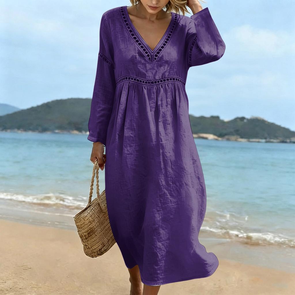 Fashionable Lady's V-neck Mid-length Casual Long-sleeved Dress