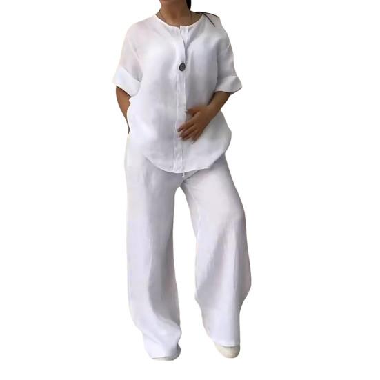 2 buc/set bluză pantaloni set cu decolteu în V cu mâneci lungi cu nasturi decor Top cu picior lat pantaloni largi cu șnur cu talie elastică OL Commute ținută casual pentru acasă