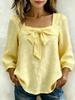 Women Solid Color Bow Knot Loose Fit Square Collar Nine Quarter Sleeve Fashion Blouse Shirt