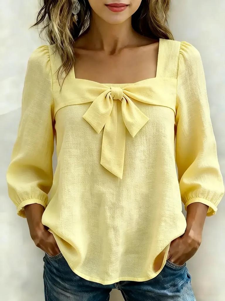 Women Solid Color Bow Knot Loose Fit Square Collar Nine Quarter Sleeve Fashion Blouse Shirt