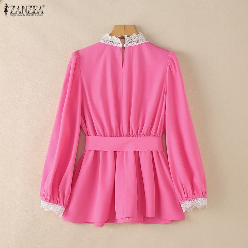 ZANZEA Women Lace Splice Stand Collar Casual Long Sleeve Blouse