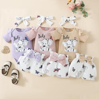 Sommer Elefantenprint T-Shirt & Shorts Set für Baby Mädchen - Strampler mit Fledermausärmeln und Shorts mit Schleife