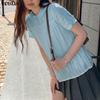 VONDA Summer Women Lapel Neck Solid Color Summer Short Sleeve Texture Casual Blouse Tops