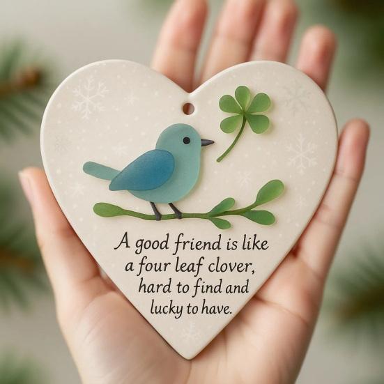 Yousheng Heart Shaped Sea Glass Friendship Decor Sea Glass Bird And Four Leaf Clover Heart Ornament for Xmas Tree Friendship Keepsake for Best Friends