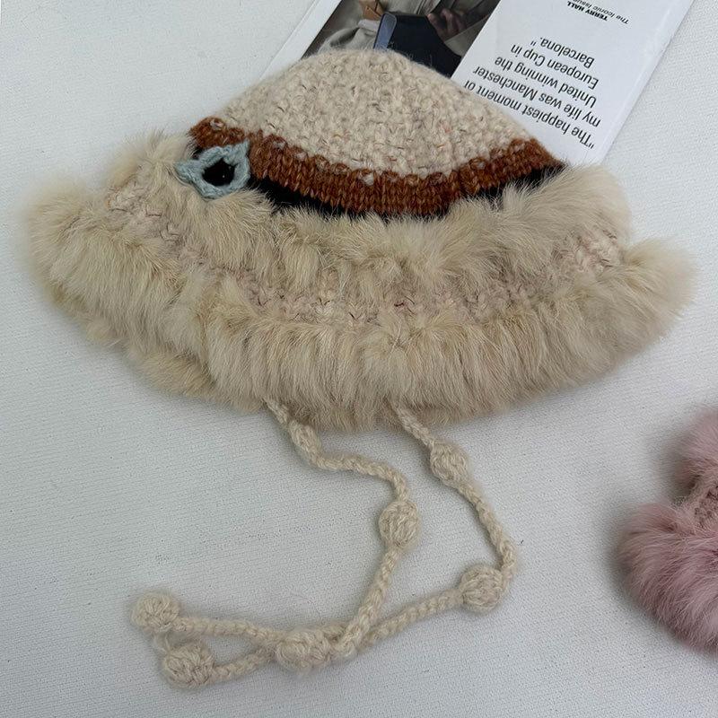 Flower contrasting color knitted bucket hat women's autumn and winter retro face small wool hat rabbit hair thermal bucket hat