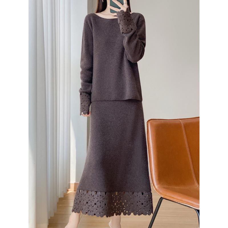 Autumn/Winter Pure Wool Knit Two-Piece Set: Round Neck Long Sleeve Top & Mid-Length Hollow Crochet Skirt