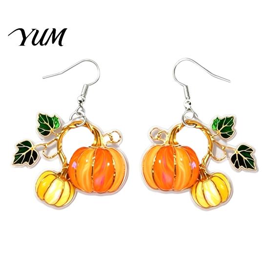 Cute Acrylic Pumpkin Drops 1 Pair Drop Earrings, 2D Fall Harvest Dangle Earrings Fun Seasonal Jewelry for Girls Women, Halloween Thanksgiving