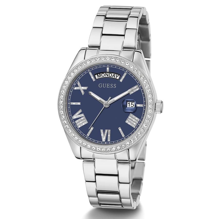 Guess Luna Diamonds Blaues Zifferblatt Silbernes Stahlarmband Quarz-Armbanduhr für Damen - GW0307L1