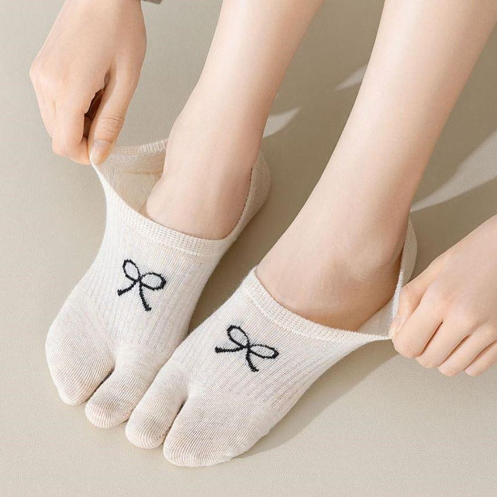 3Pairs Short Tube Sweet Bow Socks Invisible Split Toe Ankle Socks Simple Two Toe Boat Socks  Women