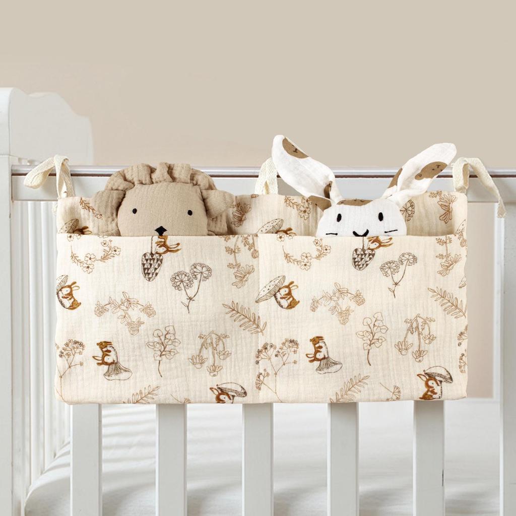 Pure Cotton Baby Bed Bumper & Hanging Bag with Double Pockets for Bottles and Diapers
