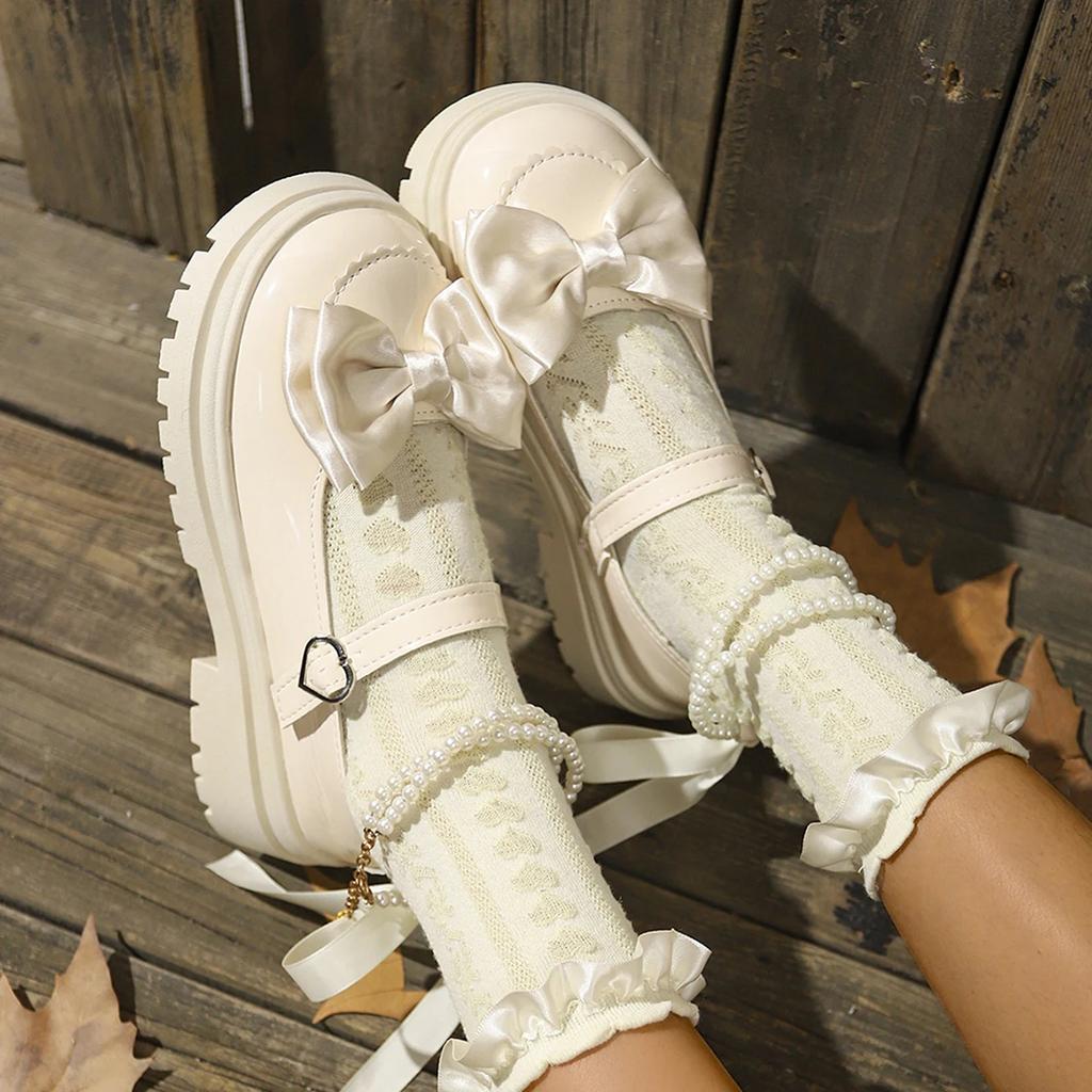 Women Lolita Shoes New Pearl Chain Mary Jane Shoes Woman Fashion Versatile Outdoor Platform Heels Shoes Women