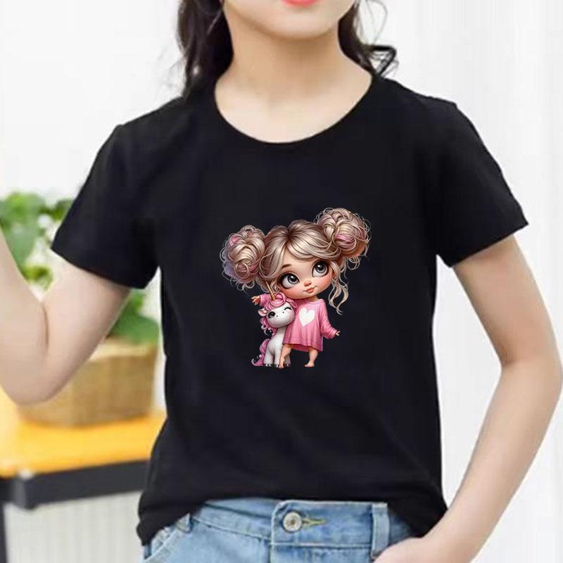 Kids Cotton T Shirt Charming Girl With Pink Unicorn Print Crew Neck Short Sleeve Tee Casual Boys Girls Summer Tops