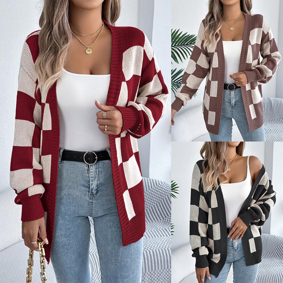 Herbst/Winter Colorblock Karomuster Laternenärmel Strickjacke Pullover Lange Oberbekleidung für Damen