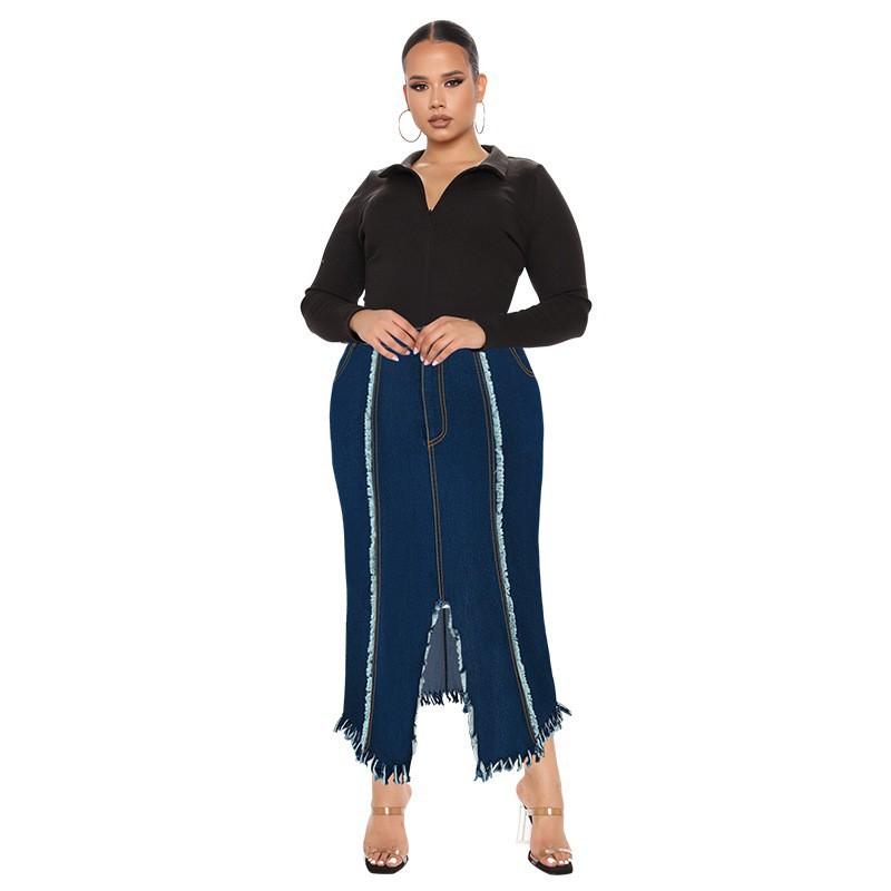 Plus Size Denim Skirt Women Long Flowy A-Line With Fringe Detail Streetwear Midi Maxi 1XL 2XL 3XL 4XL 5XL