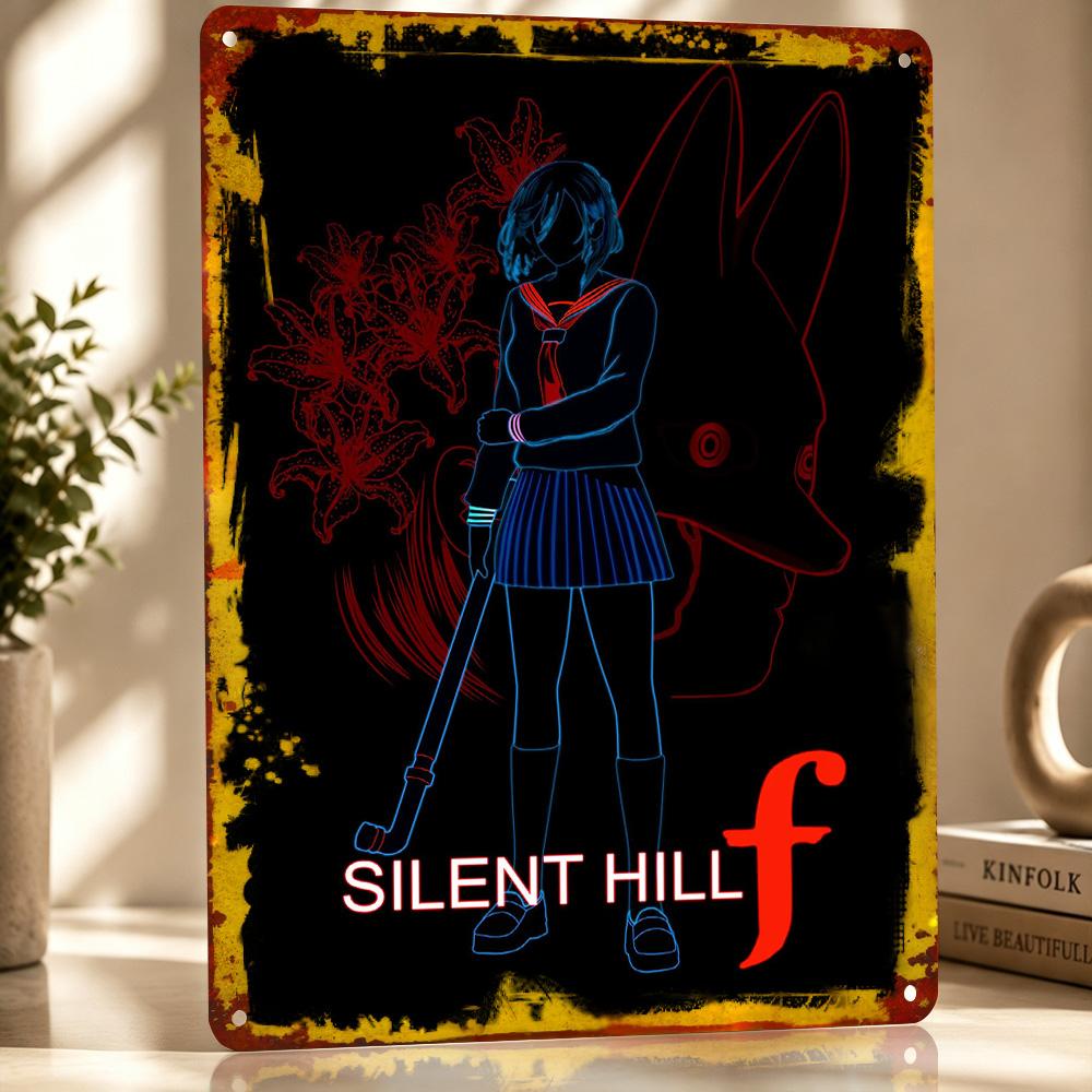 Silent Hill F Neon Illustration D Printed Texture Poster Personalized Wall Art Retro Metal Tin Signs for Gaming Room Decoration
