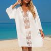 Cover Up Dress V-neck Long Sleeve Hollow Splicing Design Beach Cover Up Dress Pure Color Poolside Beachwear