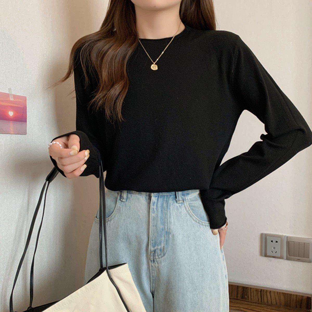 

Однотонный вязаный свитер с длинным рукавом в корейском стиле - Женский универсальный топ с круглым вырезом для весны, осени и зимы 2025. S