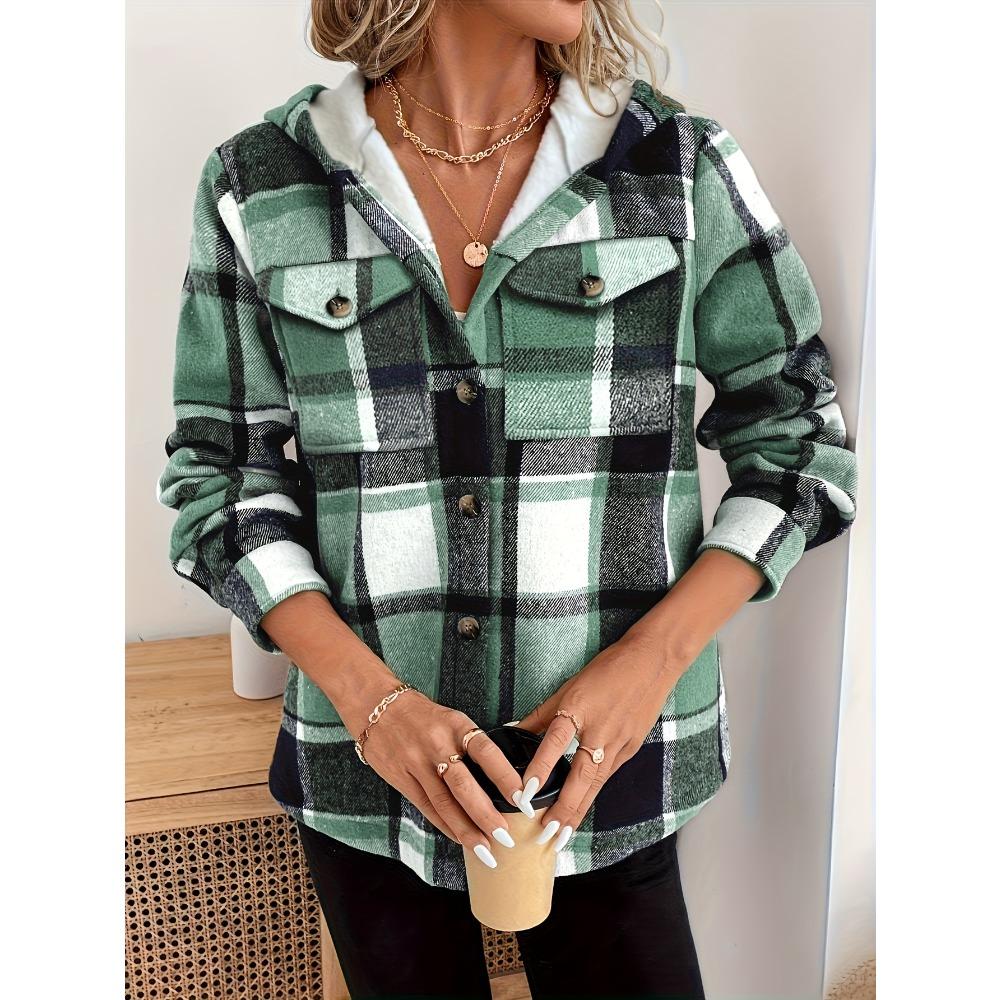 Women's Casual Plaid Hooded Jacket with Fleece Lining Woven Shirt Autumn and Winter Tops