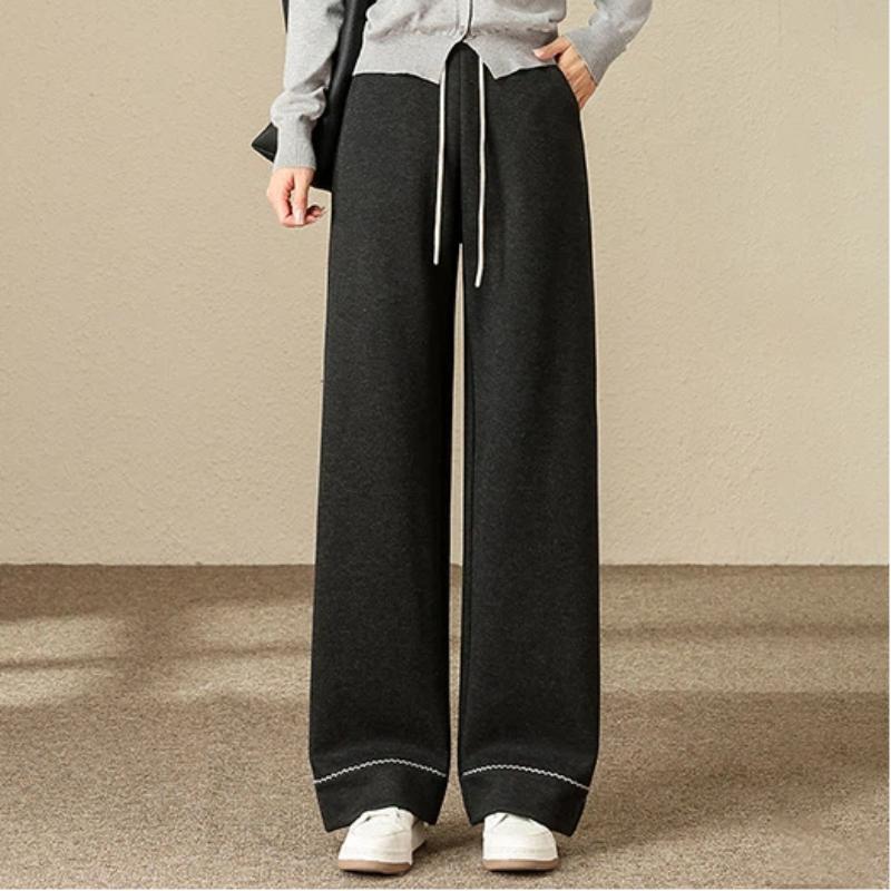 Women Cashmere Glutinous Rice Pants Autumn Winter Style High Waist Drooping Versatile Fleece Lined Floor Length Wide Leg Pants