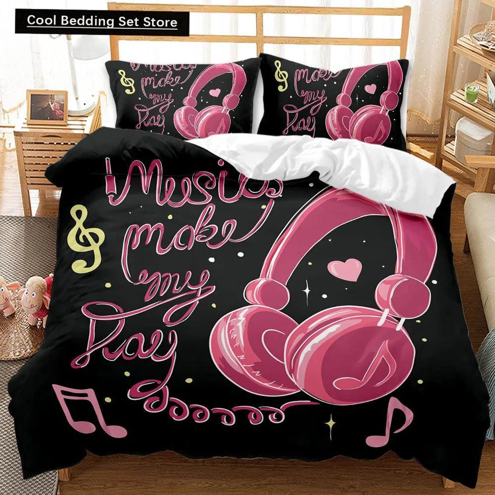 Set de lenjerie de pat cu husă de pilotă pentru căști, muzică rock, melodie, notă, alb rece, căști pentru băieți, dublă, dimensiunea Queen, King, din poliester, husă de pilotă