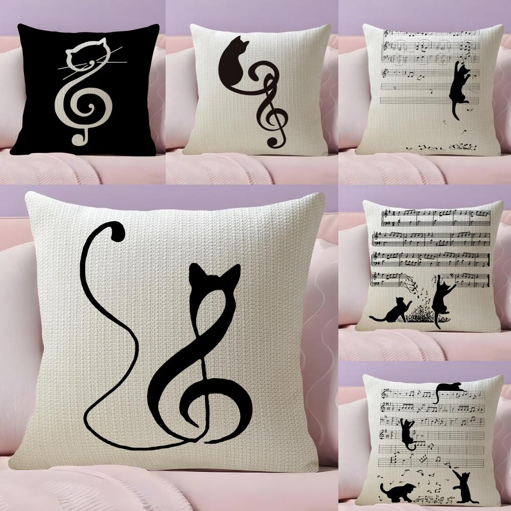 Music and Cat Cushion Cover Natural Linen Organic Fabric DoubleSided Printing Sofa Home Decor Breathable Bed Pillow