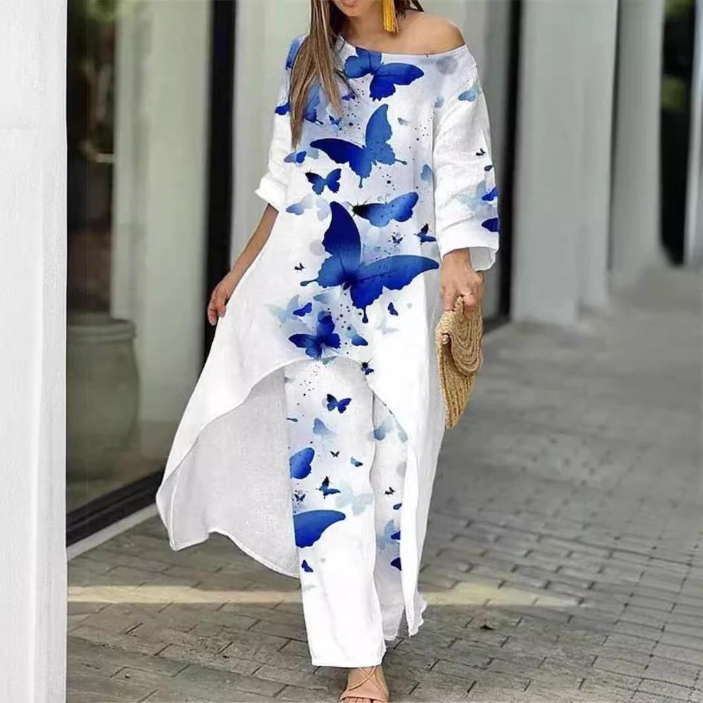 2025 Women's Casual Loose Print Nine-Sleeve Sun Protection Shirt & Wide-Leg Pants Set