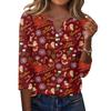 Women's Casual Christmas Print V-Neck T-Shirt with Three-Quarter Sleeves and Button