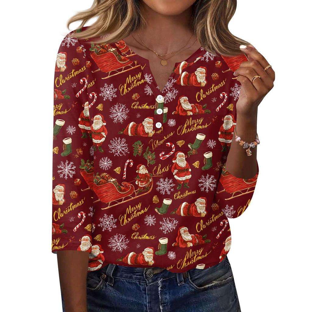 Women's Casual Christmas Print V-Neck T-Shirt with Three-Quarter Sleeves and Button