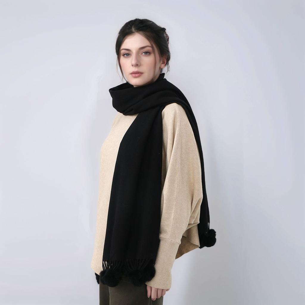 Women Winter Warm Shawls Scarf With Rabbit Fur Ball Pashmina Thick Solid Scarves Cashmere Scarf Ladies Blanket Wrap 180*70Cm