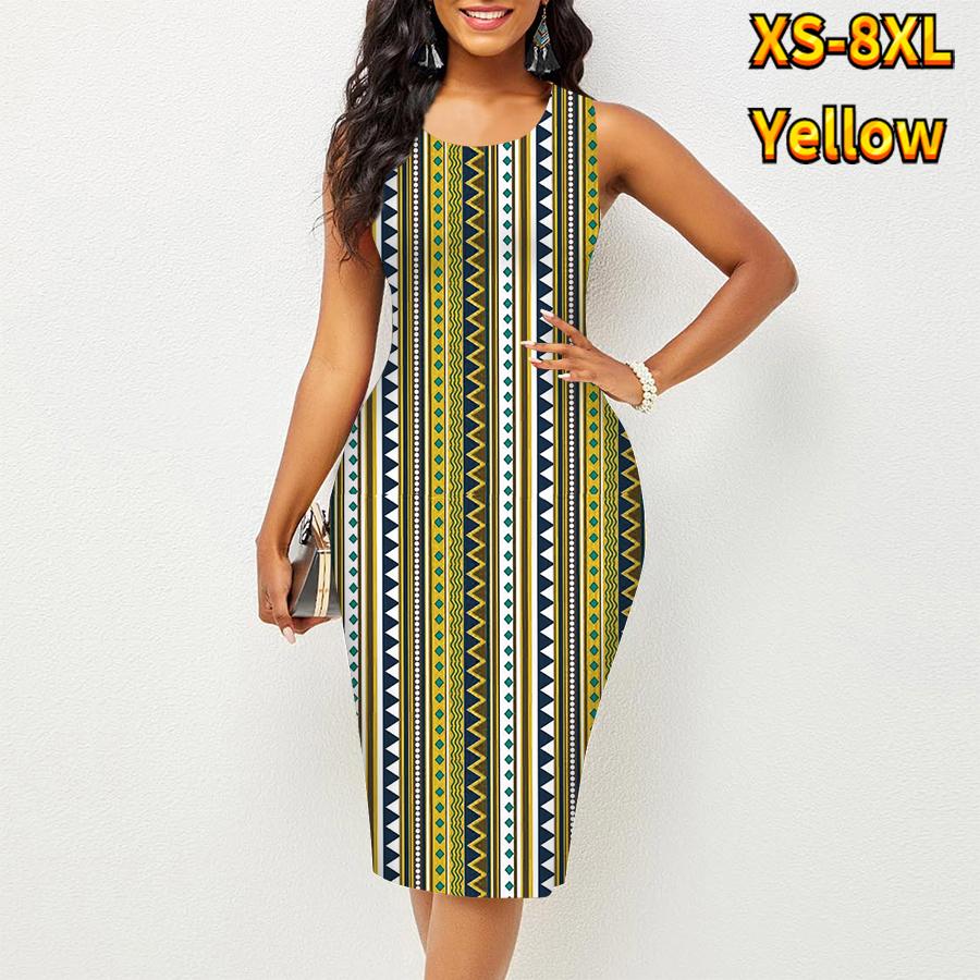 

Женское платье Sling Summer Нерегулярные вертикальные полосы Принт Платья Обтягивающие Без рукавов Slim Fit Сексуальная модная верхняя одежда 8XL жёлтый