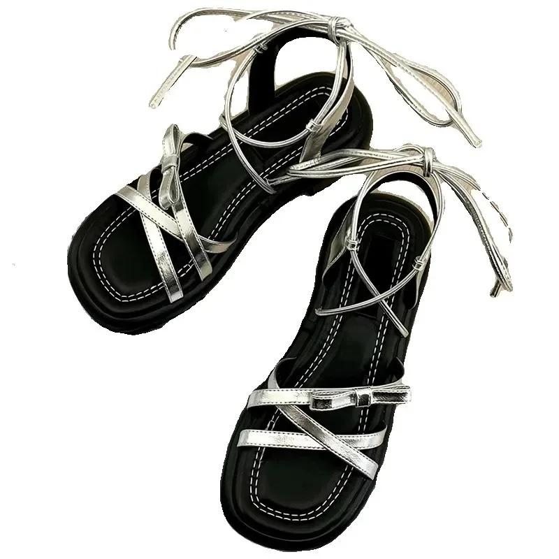 

Women Flat Sandals New 35-40 Bow Cross Strap Round Head Open Toe Fashion Shoes Roman Style Comfortable Temperament Hundred Shoes 35 срібний