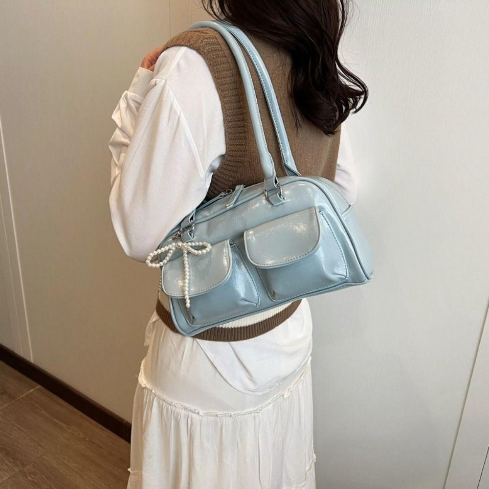 Solid Color Pocket Boston Tote Bag Korean Style Underarm Bag Temperament PU Bowling Bag  Travel