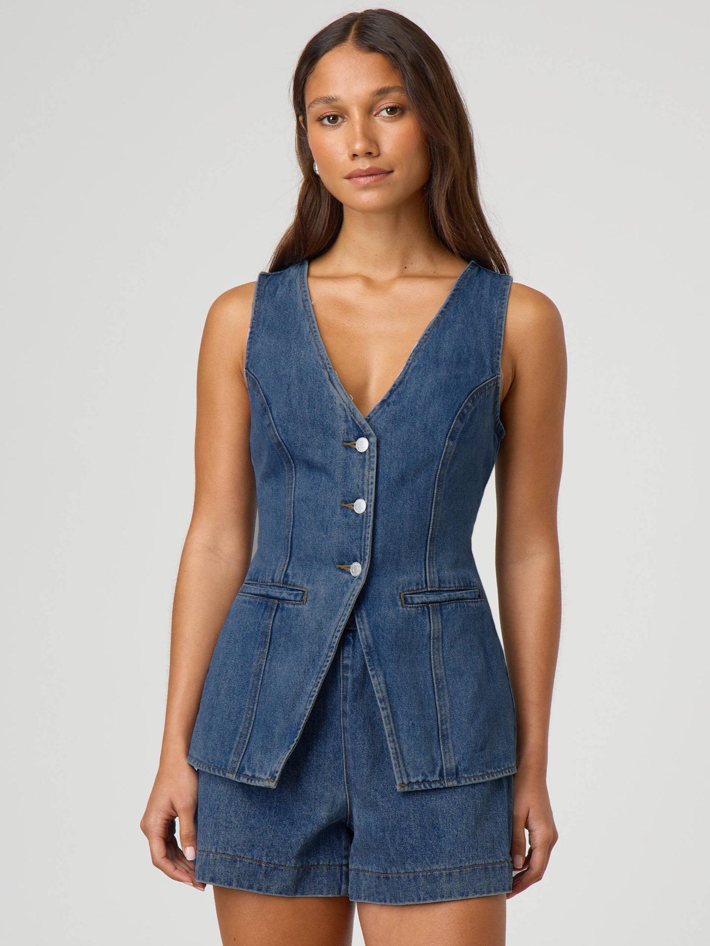 

Модный женский джинсовый комплект без рукавов с завышенной талией 2025 XL синий