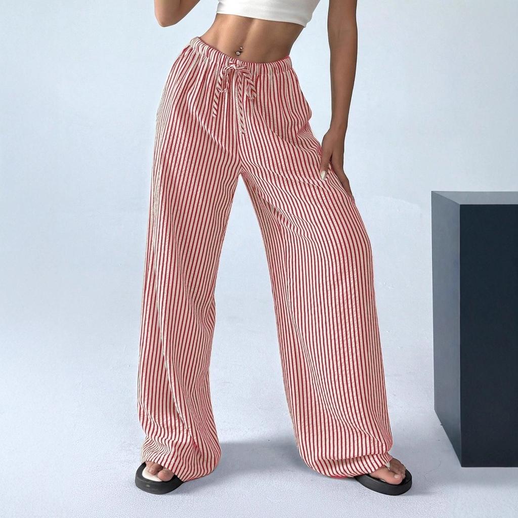 Autumn Cross Border Women's Fashion Loose Striped Drawstring Elastic Waist and Floor Pants from Europe and America