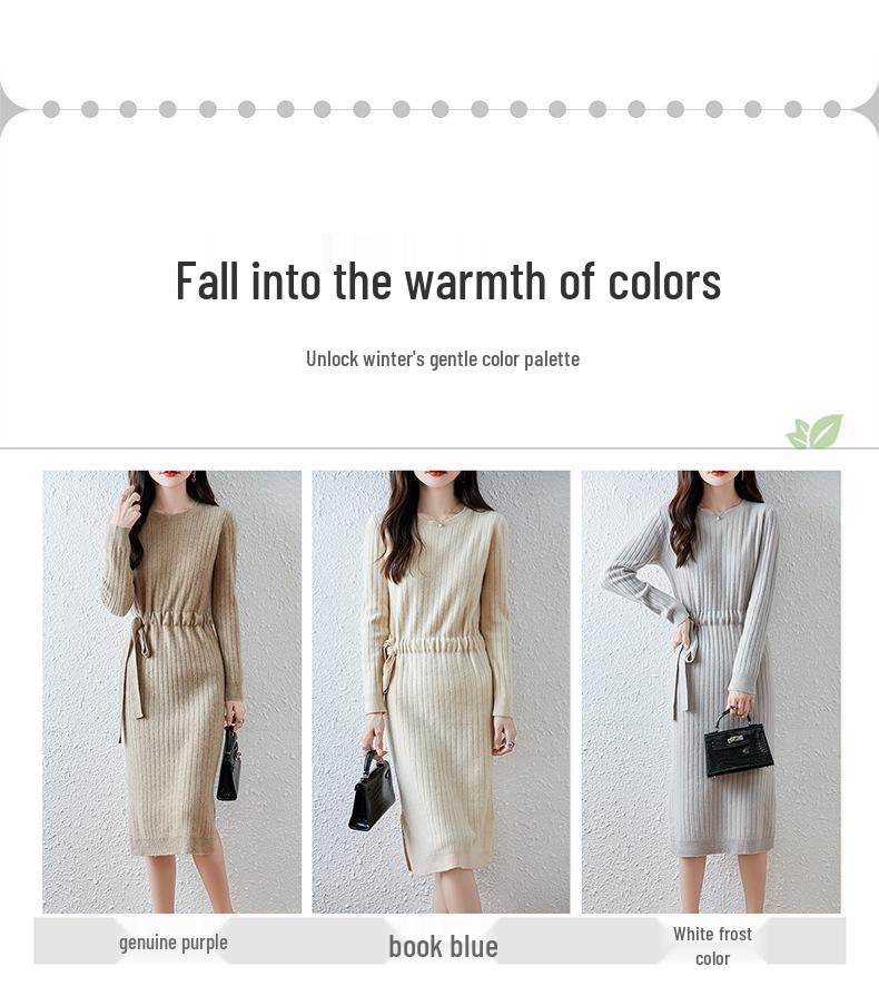Women's Autumn Pure Wool Cinched Waist Knit Dress - Round Neck, Drawstring, Mid-Length, Over-the-Knee