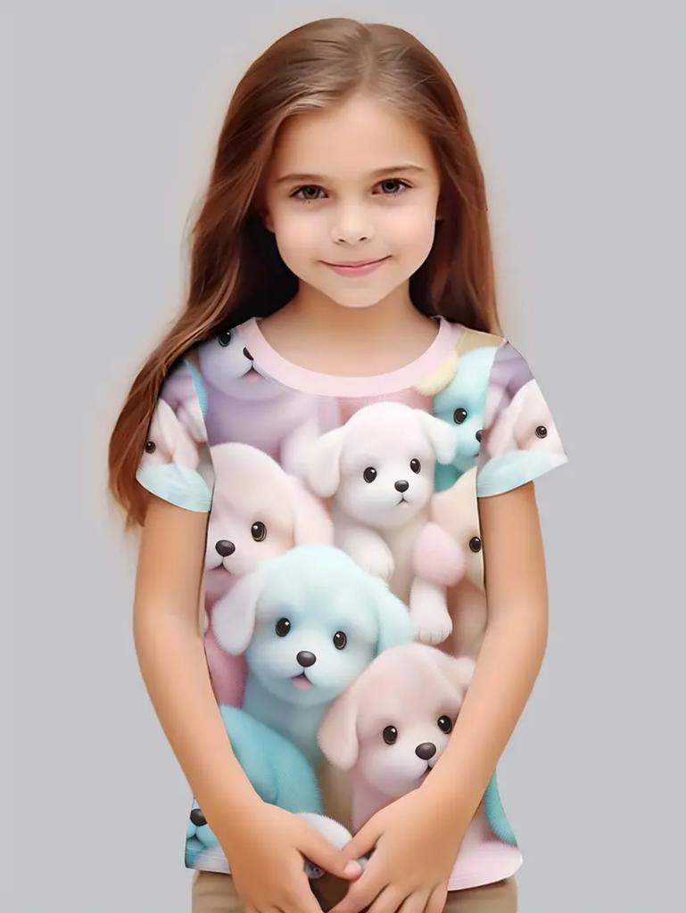 Colorful Cat Girl's T-Shirt Cute Patterns Summer Short Sleeves 3D Print Girl's Top Fashion Casual Streetwear Children's Clothing