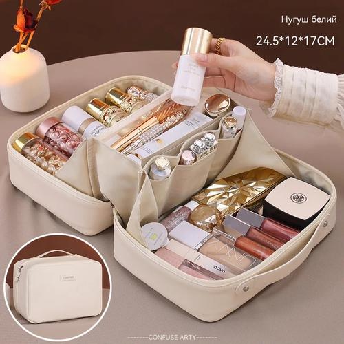 Portable Travel Makeup Bag for Women, Large Capacity Cosmetic Organizer with Brush Holder and Handle
