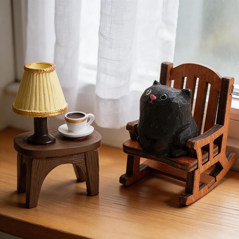 Hand Carved Wooden Cat Figurine Cute Kitten Statue Home Desktop Decor Calico Orange Cat Ragdoll Bombay Cat Miniature Craft Gift