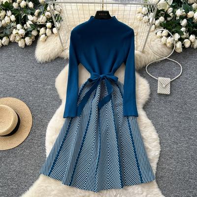 Autumn Winter Women Casual Full Sleeve Striped Knitted Sweater Pullover Lace-up Dresses