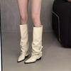 New Retro Style Women Knee High Boots Belt Buckle Shoes Autumn Winter Wedges Heel Women's Knight Long Booties