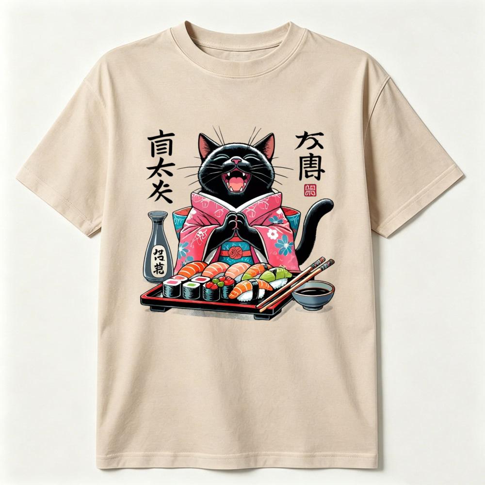 Sushi Loving Cat Graphic Tee Japanese Style Black Kitten Kawaii Food Lover Gift Unisex Unisex Fashion Top Cotton Shortsleeve