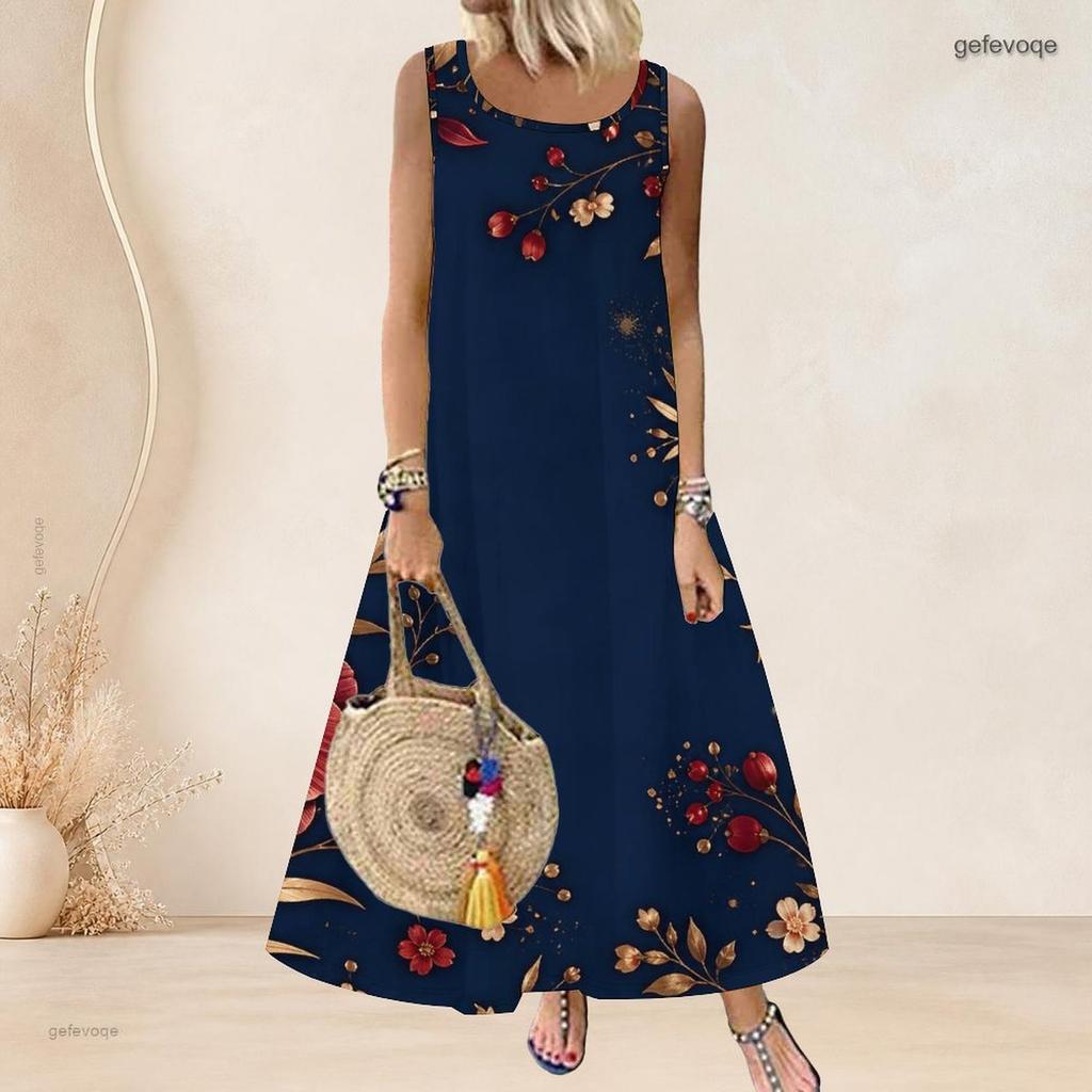 Women Plus Size Scoop Neck Sleeveless Floral Butterfly Printed White A Line Long Dress