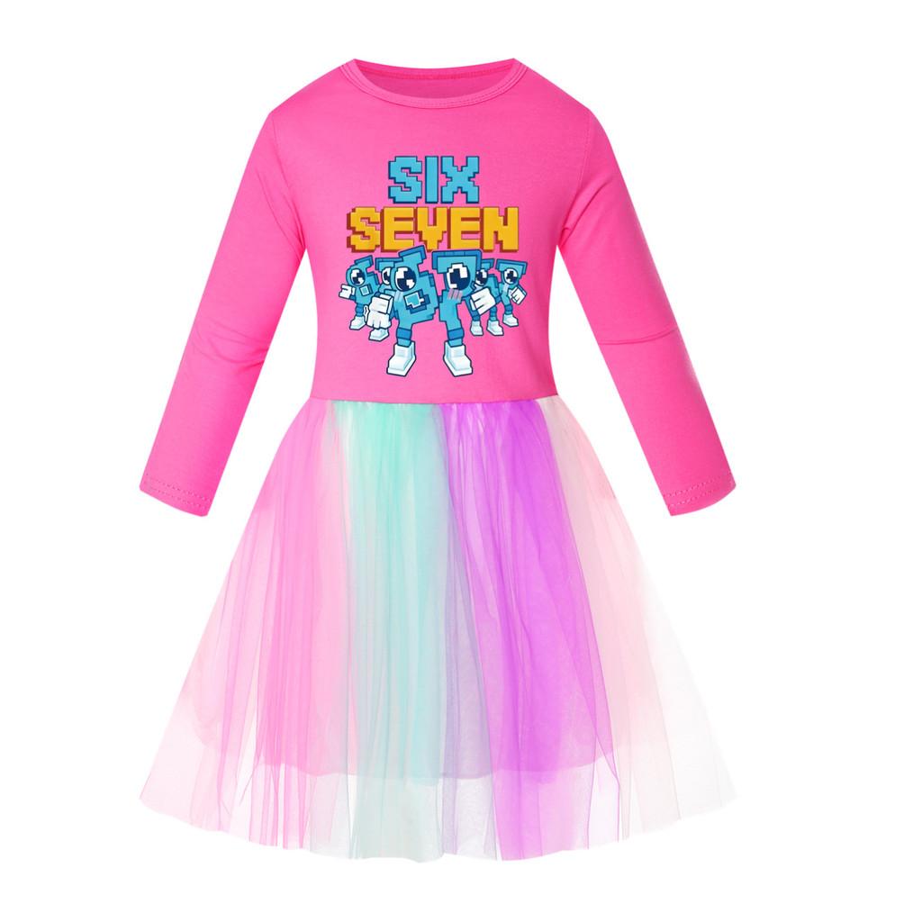 5195 Kids Girls Steal a Brainrot 67 Six Seven Print Mesh Rainbow Round Neck Casual Casual Cotton Dress