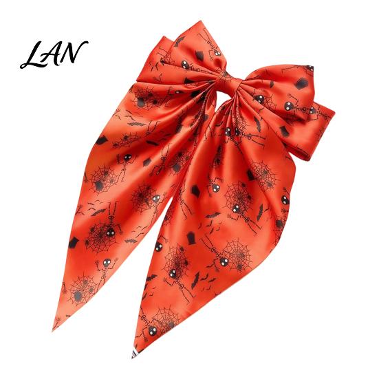 Halloween Hair Accessories Silky Satin Bows for Women, Big Ribbon Bow Clips Girls, Decorative Clip Oversized Long Tail Barrettes, Cute Ghost