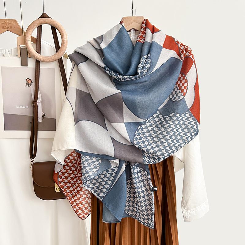 High value, simple and creative, geometric printed silk scarf, women's trendy and fashionable, high-end air-conditioned room temperament shawl