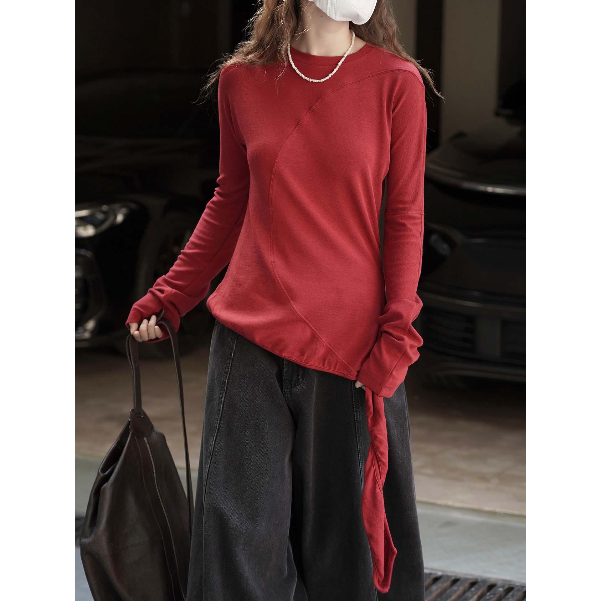 

Johnature Autumn Winter Korean-style Irregular Lace-up Knit Slim Comfortable Top Simple Women Base T-shirts M красный